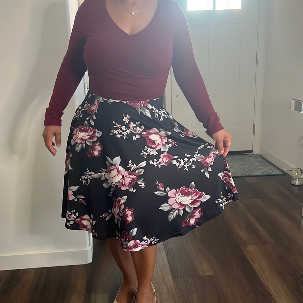 FLORAL PRINTED DRESS, LONG SLEEVE V NECK ELEGANT WINTER DRESS WITH POCKETS